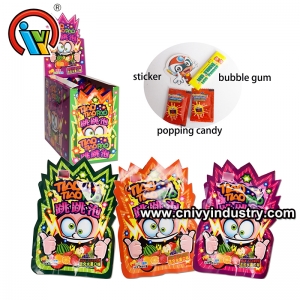 Novel packaging with popping candy bubble gum and a sticker inside